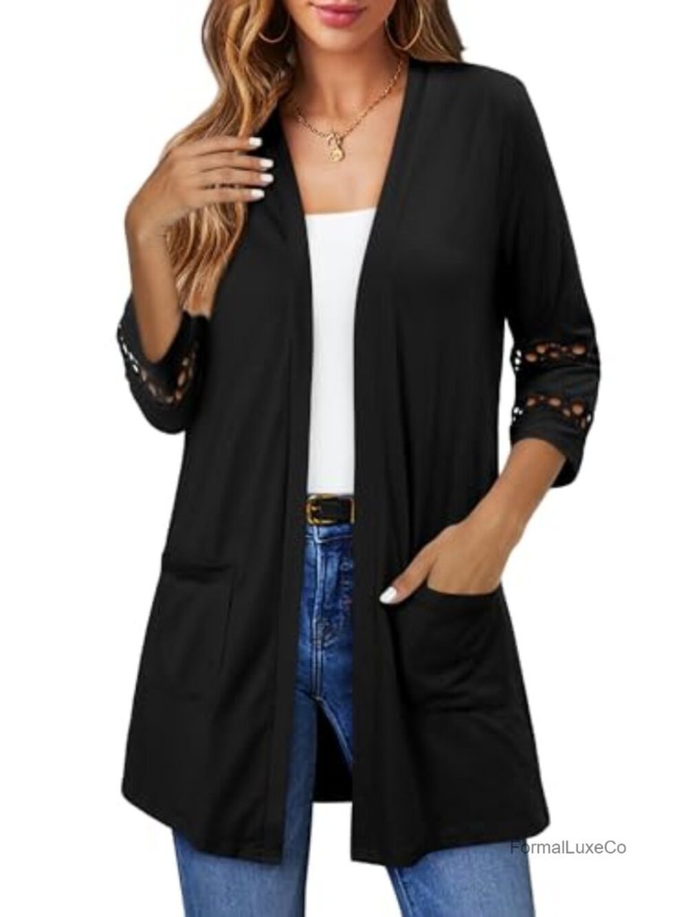 Womens Lightweight Open Front Cardigan 3/4 Sleeve Casual Cover Up